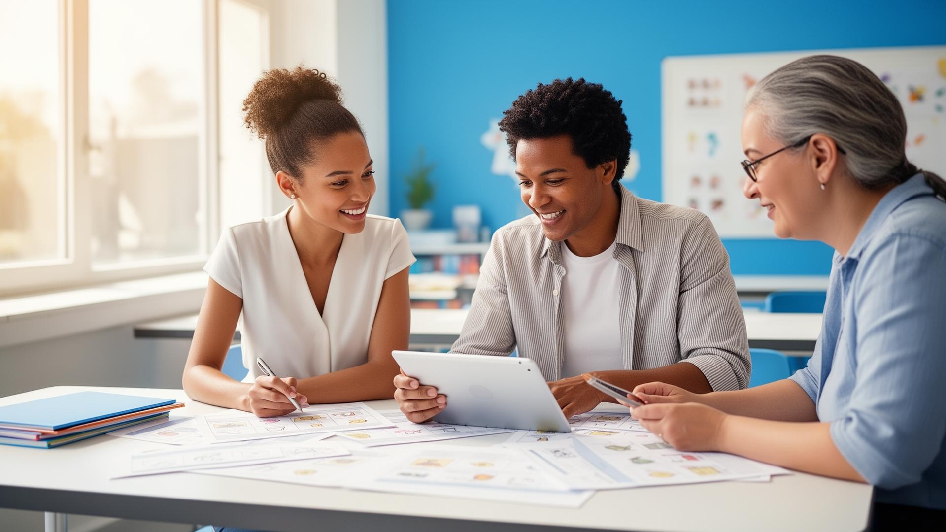 A teacher and parent reviewing learning materials together